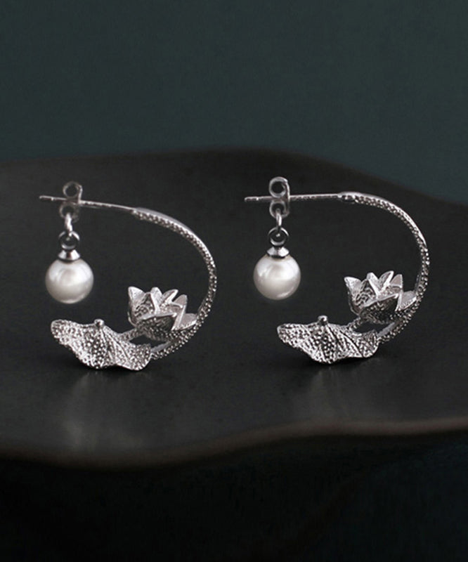 Boucles d'oreilles créoles vintage en argent sterling et soie avec perles et lotus QQ018