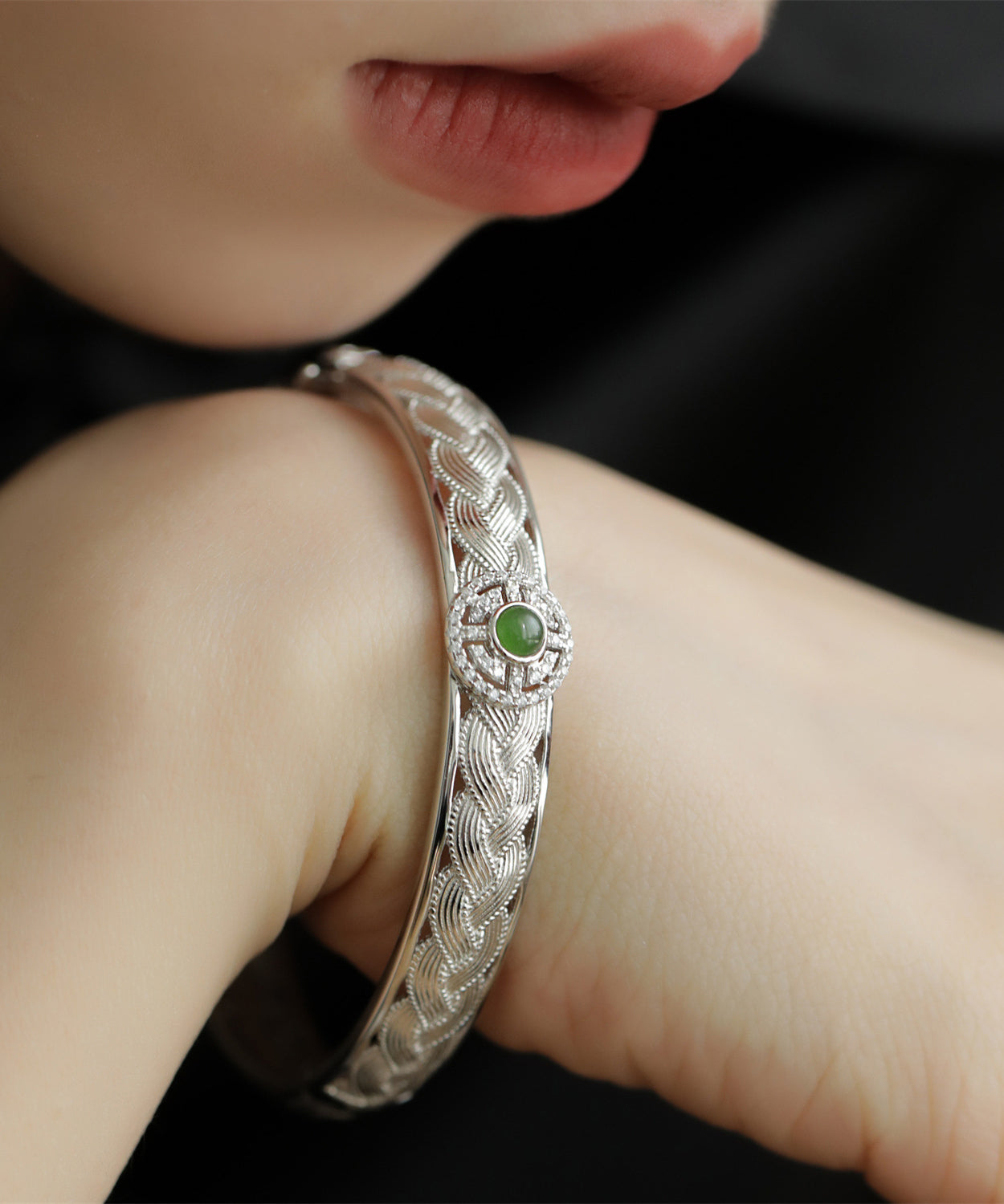 Sterling Silver Weave Lace Silk Bangle Jade Vintage