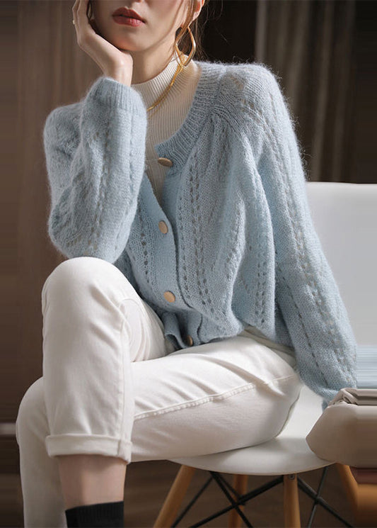 Cardigan oversize en tricot épais bleu ciel vintage printemps OO014