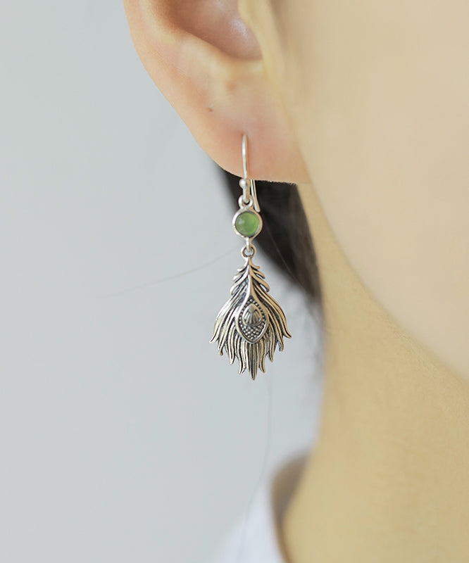 Boucles d'oreilles pendantes en argent sterling et jade vintage PO073