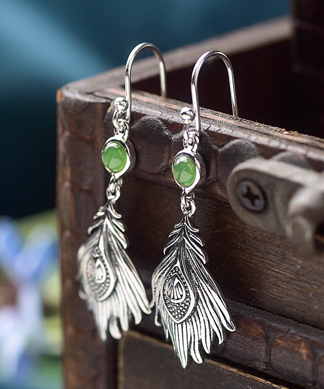 Boucles d'oreilles pendantes en argent sterling et jade vintage PO073