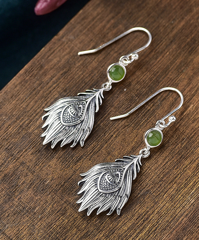 Boucles d'oreilles pendantes en argent sterling et jade vintage PO073