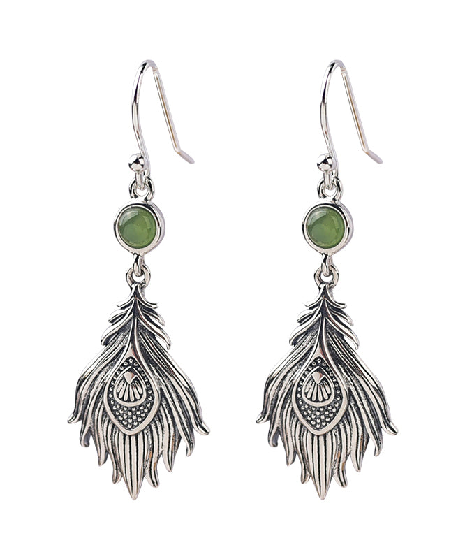 Boucles d'oreilles pendantes en argent sterling et jade vintage PO073