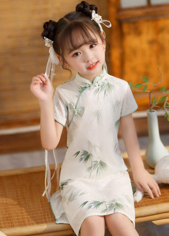 Lange Seite Mädchen Print Kurzes Kleid Offene Vintage Ärmel Weiß