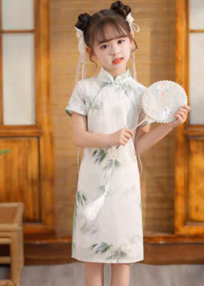 Lange Seite Mädchen Print Kurzes Kleid Offene Vintage Ärmel Weiß