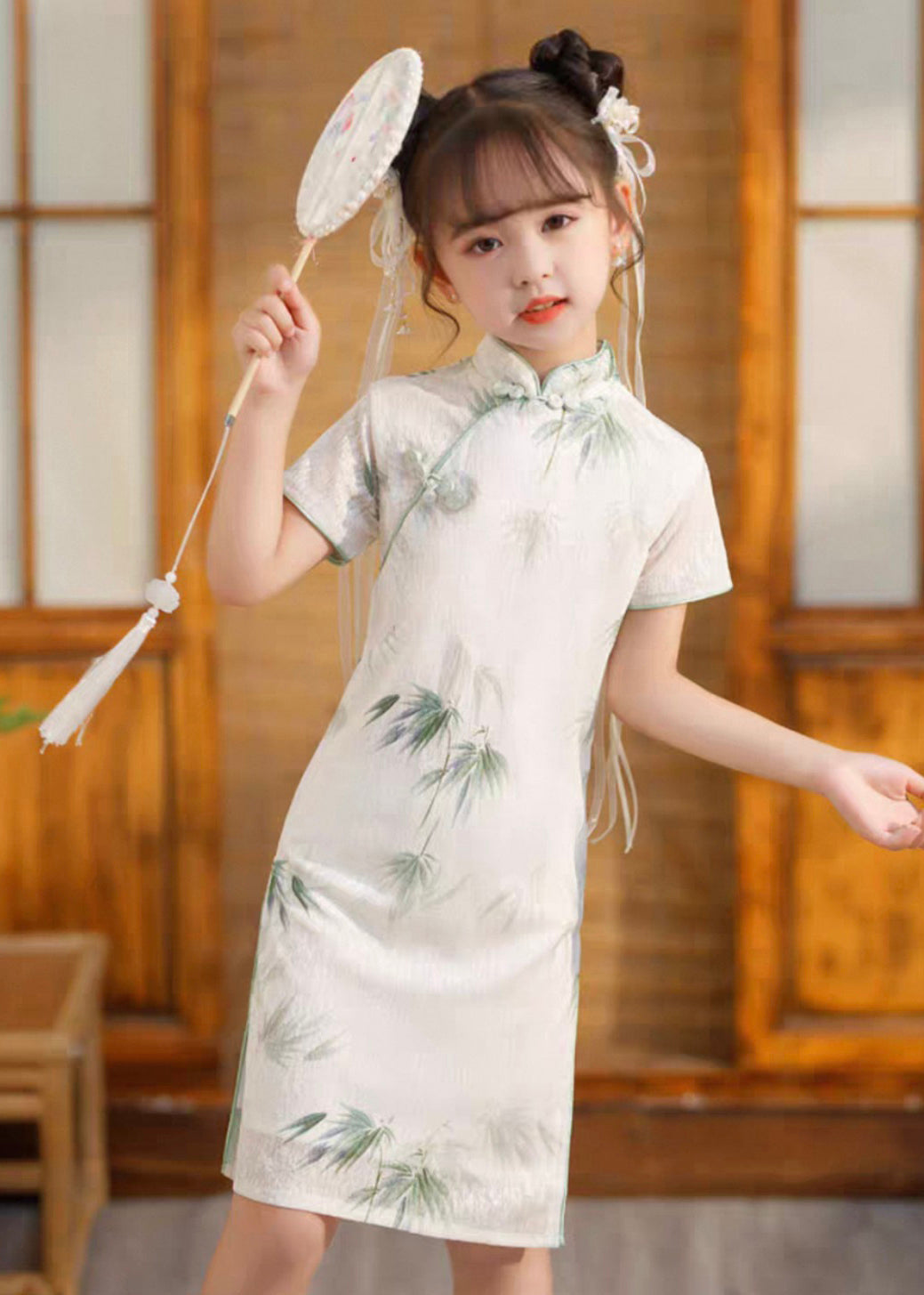 Lange Seite Mädchen Print Kurzes Kleid Offene Vintage Ärmel Weiß