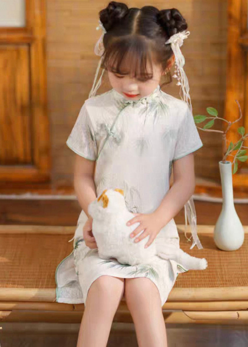 Lange Seite Mädchen Print Kurzes Kleid Offene Vintage Ärmel Weiß