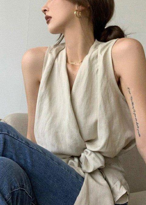 Taille Vintage Ärmellose weiße Leinen Krawatte Westen
