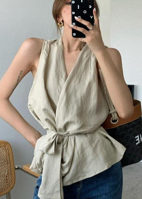 Taille Vintage Ärmellose weiße Leinen Krawatte Westen