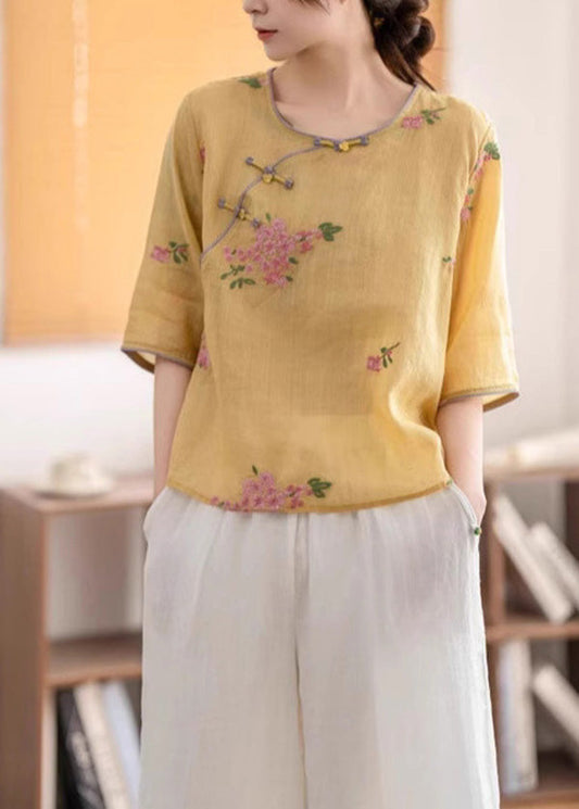 O Oriental Neck Linen Button Shirt Summer Vintage Yellow