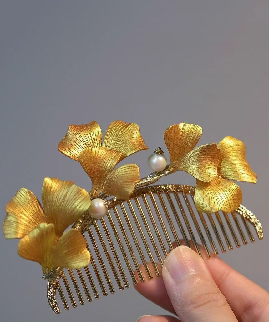 Vintage Yellow Sterling Silver Overgild Ginkgo Leaf Hairpin RA020