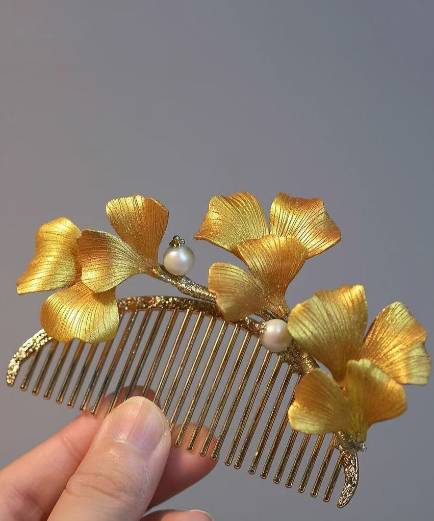 Vintage Yellow Sterling Silver Overgild Ginkgo Leaf Hairpin RA020