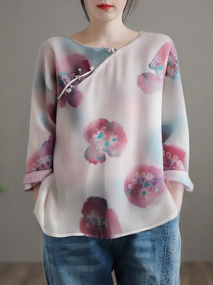 Grace Pink O Neck Print Chinese Button Linen Blouse Top Fall QB031