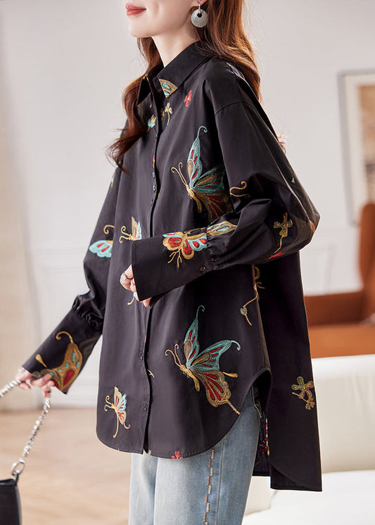 Flare Pan Sleeve Peter Cotton Shirts Print Collar Black Vogue