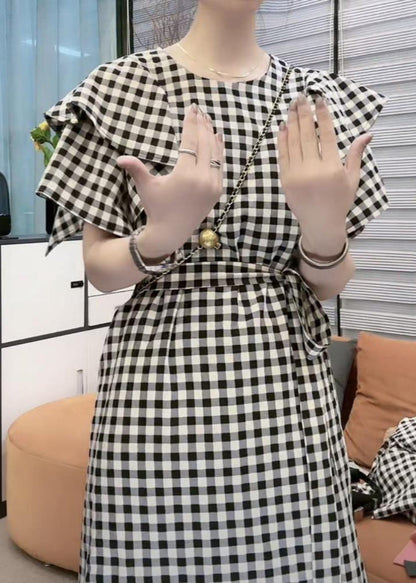 Vogue Black Plaid Tie Waist Long Dresses Short Sleeve VB1046