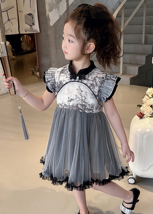 Robe longue noire à volants et col montant en tulle pour enfants, sans manches, MN032