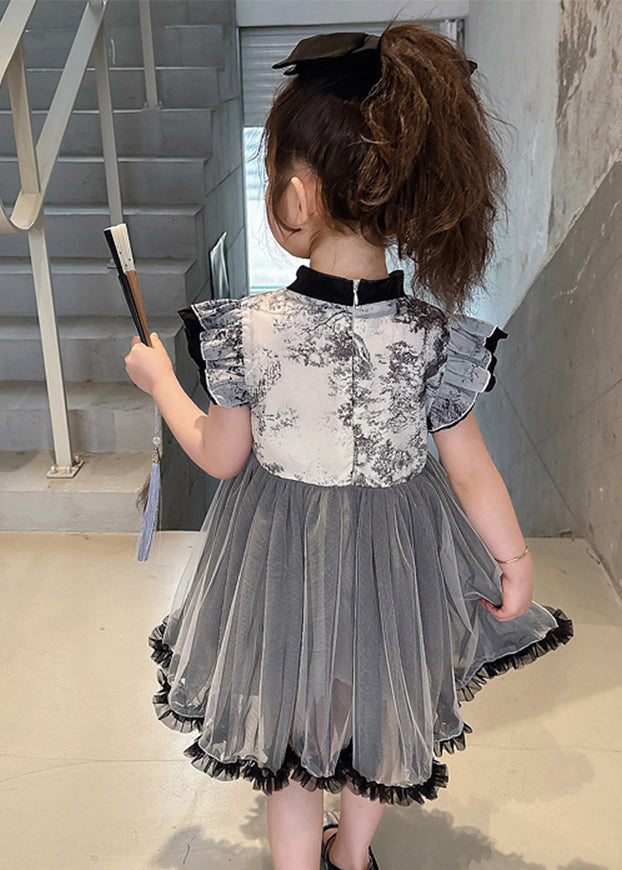 Robe longue noire à volants et col montant en tulle pour enfants, sans manches, MN032