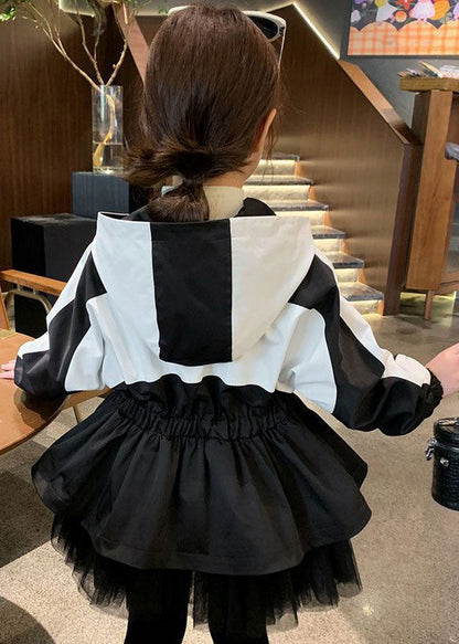 Vogue Black Tulle Wrinkled Patchwork Girls Hoodie Coat Fall QV029