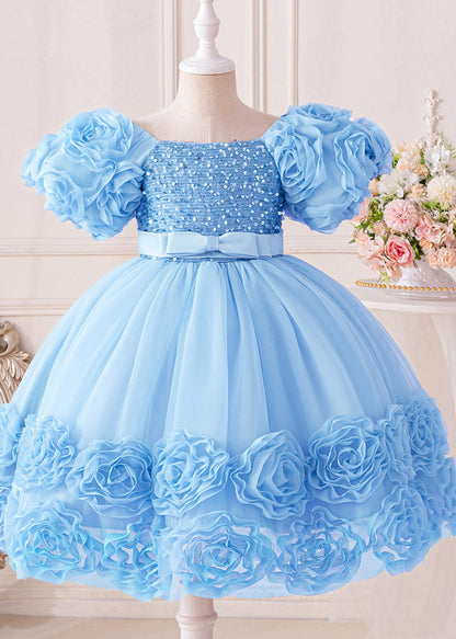 Vogue Blue Sequins Patchwork Tulle Girls Mid Dresses Short Sleeve EW017