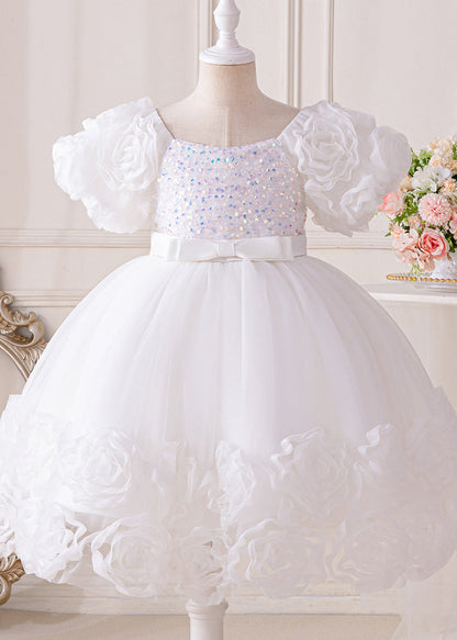 Vogue Blue Sequins Patchwork Tulle Girls Mid Dresses Short Sleeve EW017