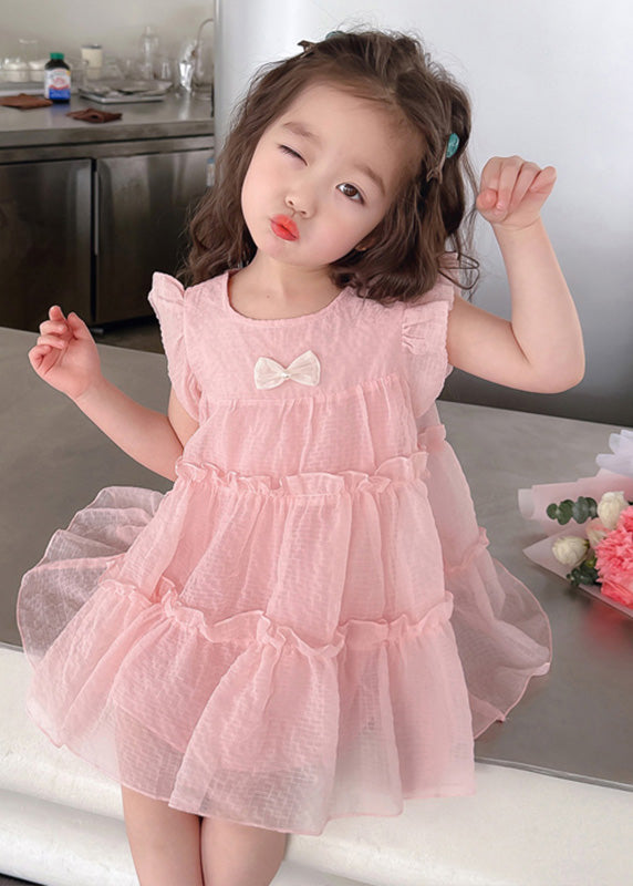 Vogue Pink Ruffled Patchwork Tulle Kids Mid Dress Summer GF007