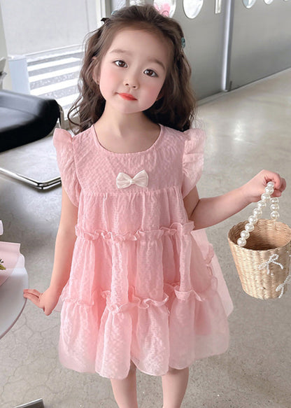 Vogue Pink Ruffled Patchwork Tulle Kids Mid Dress Summer GF007