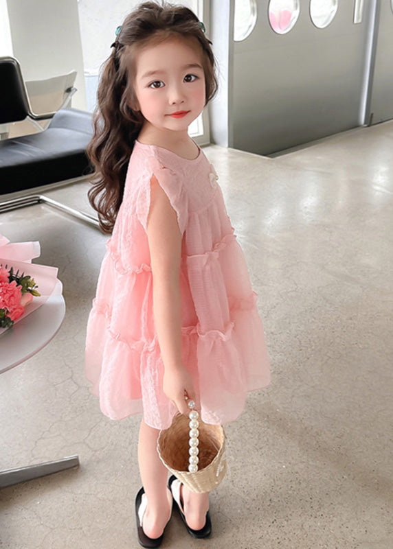 Vogue Pink Ruffled Patchwork Tulle Kids Mid Dress Summer GF007