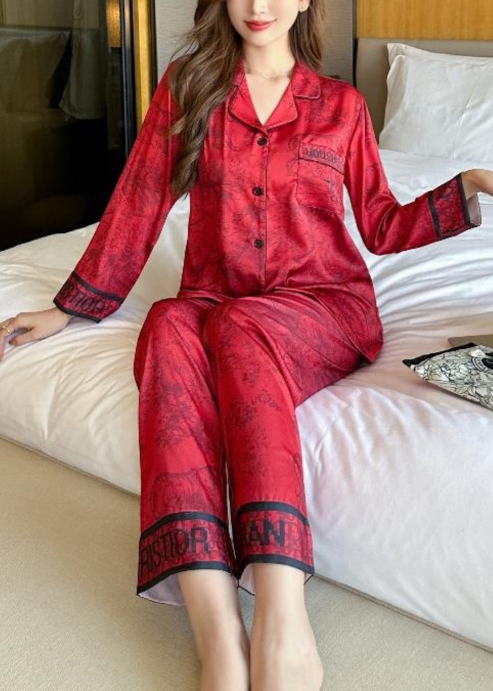 Vogue Red Print Silk Shirts And Wide Leg Pants Two Pieces Set Long Sleeve XS1017