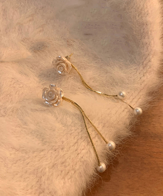 Vogue Flower Earrings White Drop Camellia Pearl Copper Tassel