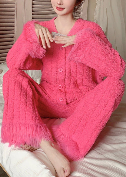 Warm Rose V Neck Button Fluffy Pajamas Two Pieces Set Winter WM026