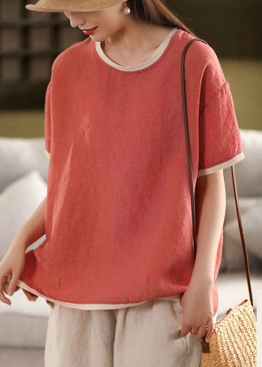 T Patchwork Neck Red O Solid Watermelon Button Linen Shirt Summer