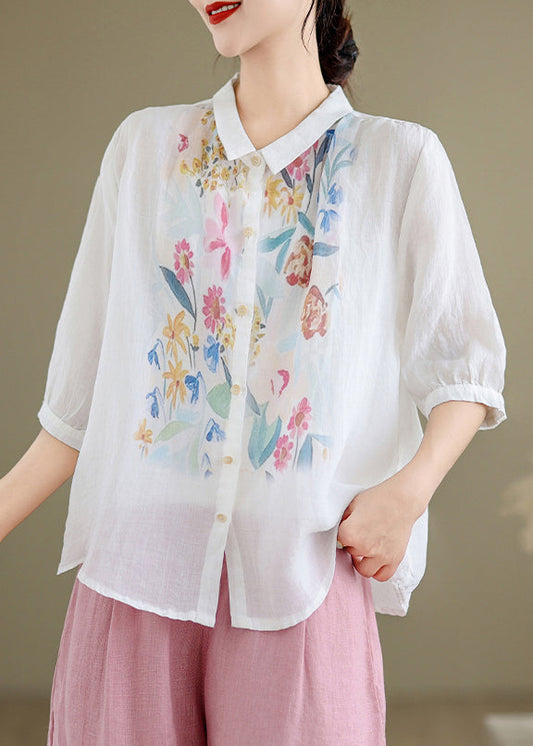 Pan Linen Collar Button White Shirt Summer Peter