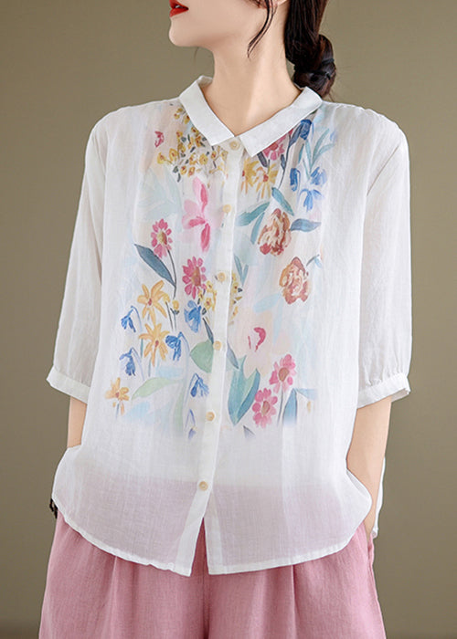 Pan Linen Collar Button White Shirt Summer Peter