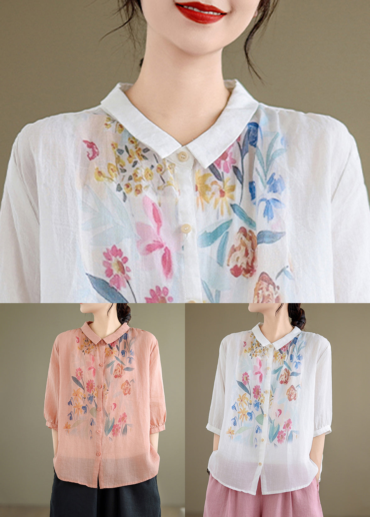 Pan Linen Collar Button White Shirt Summer Peter