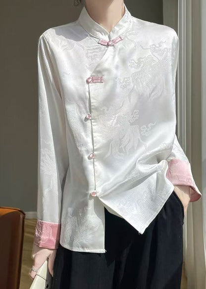 White Button Silk Shirts Stand Collar Long Sleeve AB1037