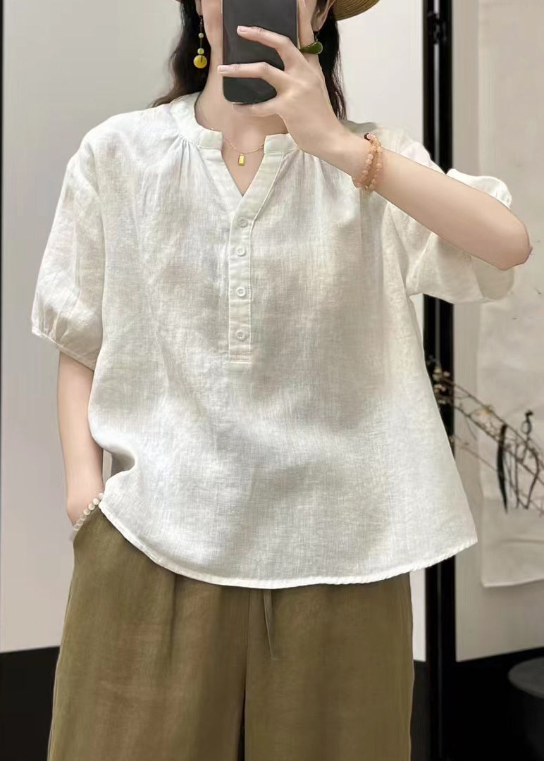Solid V Neck Linen Summer White Shirts Button