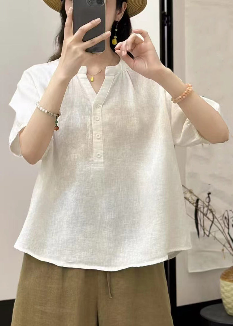 Solid V Neck Linen Summer White Shirts Button