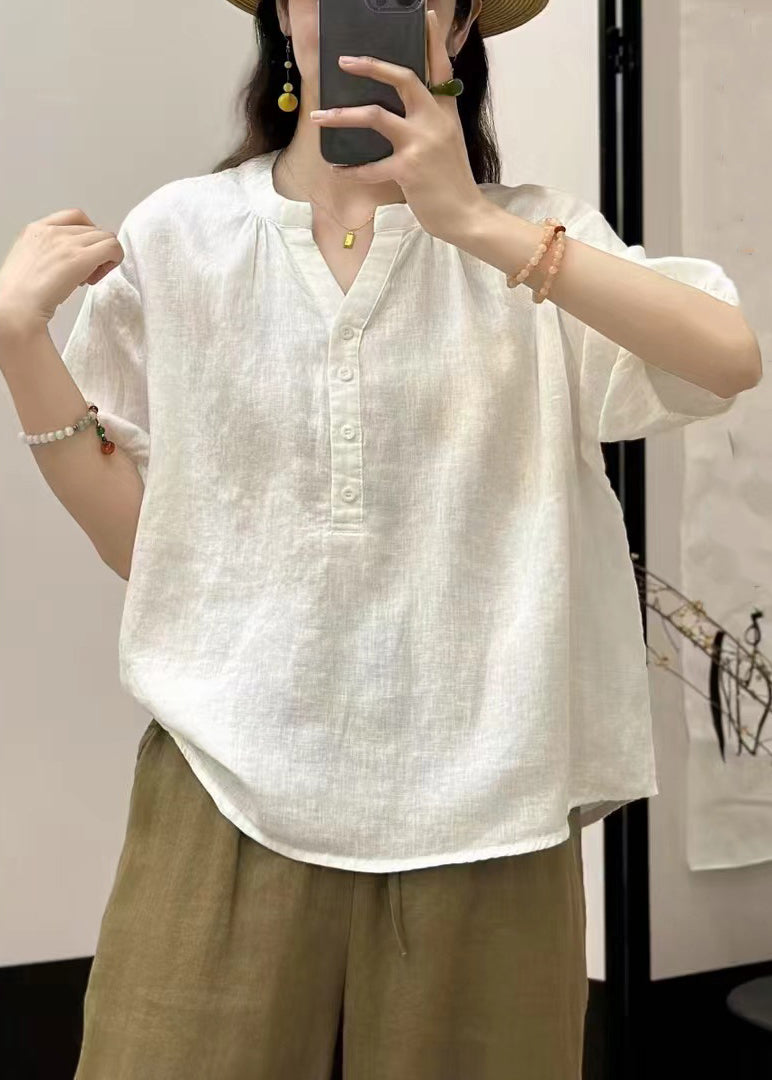 Solid V Neck Linen Summer White Shirts Button