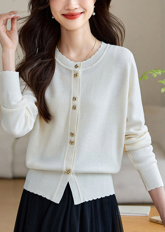 White Button Solid Wool Knit Fall Coats O Neck QV059