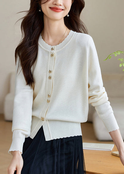 White Button Solid Wool Knit Fall Coats O Neck QV059