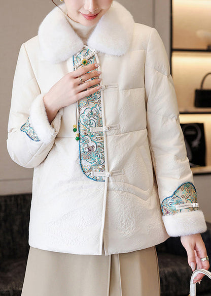 White Chinese Button Faux Leather Down Coats Fur Collar Winter RZ024