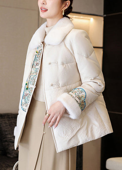 White Chinese Button Faux Leather Down Coats Fur Collar Winter RZ024