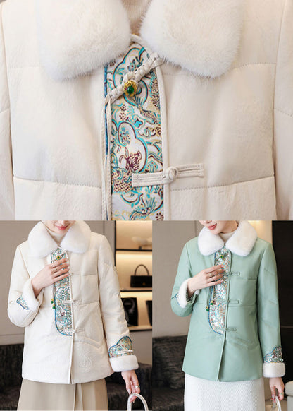 White Chinese Button Faux Leather Down Coats Fur Collar Winter RZ024