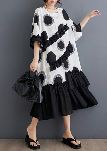 White Dot Print Patchwork Loose Chiffon Dress Ruffled Summer AP005