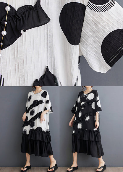 White Dot Print Patchwork Loose Chiffon Dress Ruffled Summer AP005