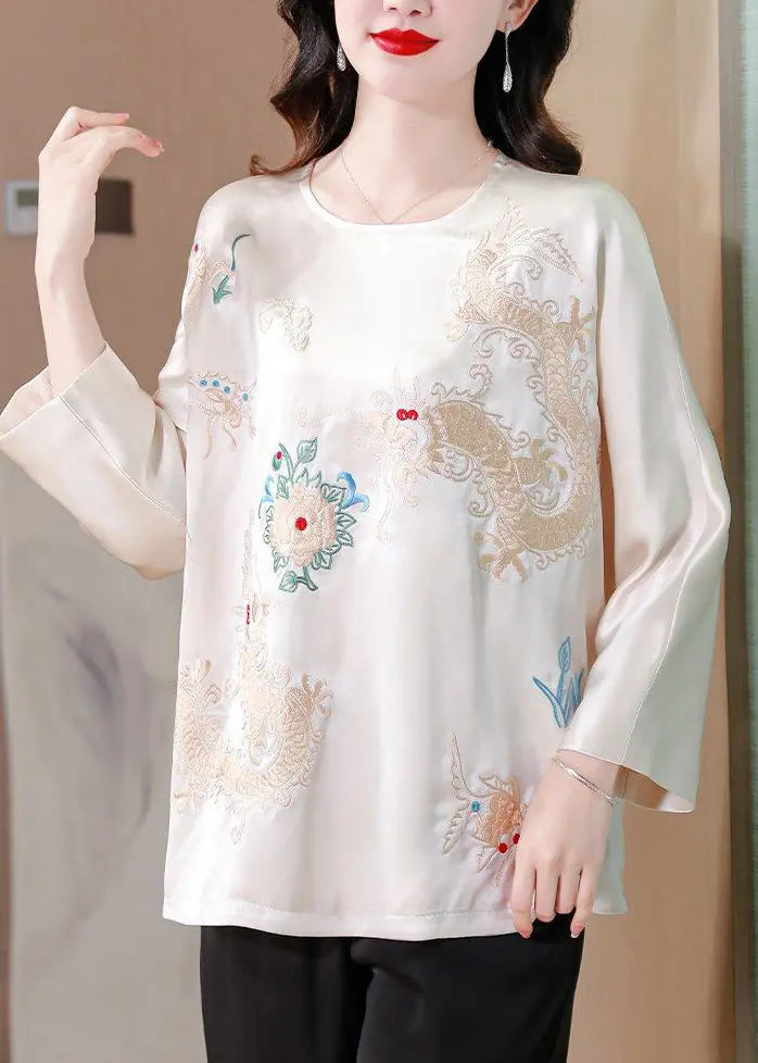 White Draping Silk Blouses Embroidered Spring Ada Fashion
