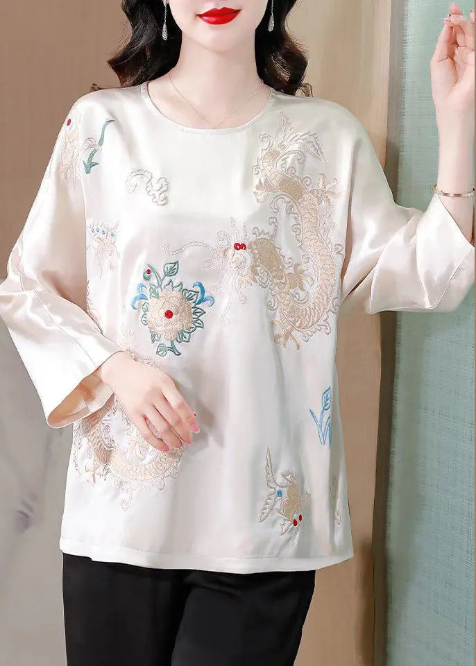 White Draping Silk Blouses Embroidered Spring Ada Fashion