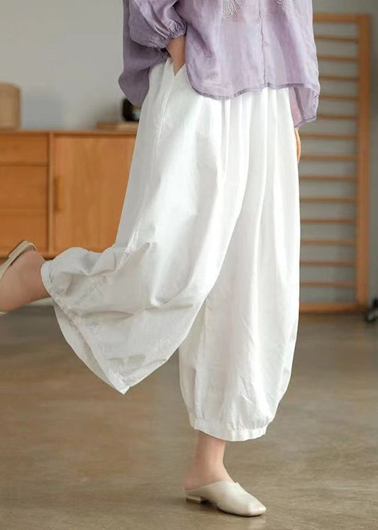 White Elastic Waist Cotton Crop Wide Leg Pants BV074