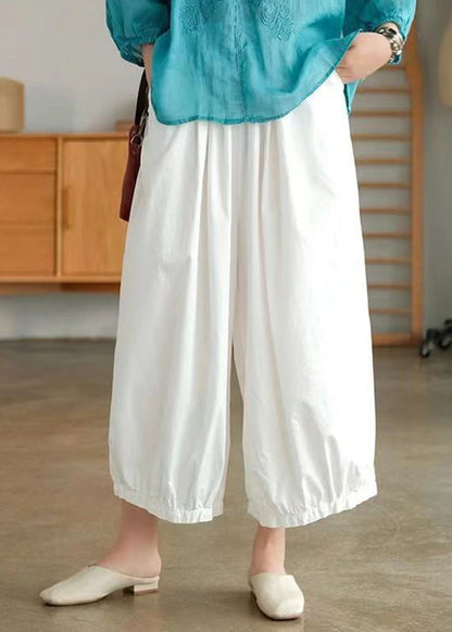 White Elastic Waist Cotton Crop Wide Leg Pants BV074