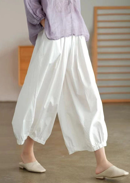 White Elastic Waist Cotton Crop Wide Leg Pants BV074